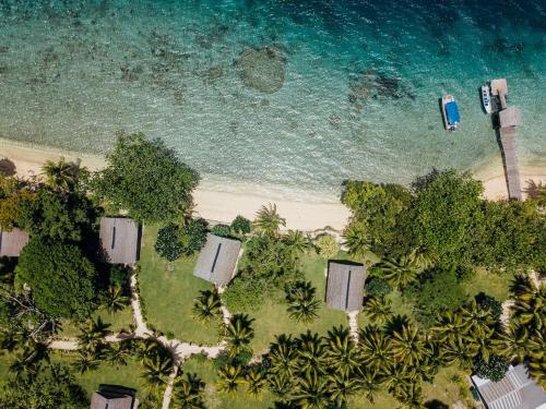 an aerial view of a beach with trees and the ocean at Aore Island Resort in Luganville