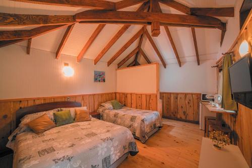 a bedroom with two beds and a flat screen tv at Complejo Cabañas Quilamalen in Villarrica