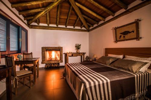 a bedroom with a bed and a fire place at Pousada Maria Manhã in Passa Quatro