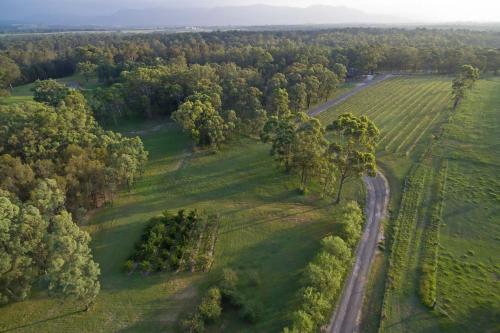 an aerial view of a field with trees and a road at Deja Vu Estate in Pokolbin