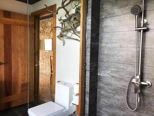 a bathroom with a toilet and a glass shower at La Estancia Busuanga in Busuanga