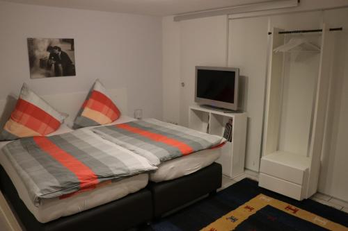 ein kleines Schlafzimmer mit einem Bett und einem TV in der Unterkunft Ferien- und Monteurstudios in Kassel
