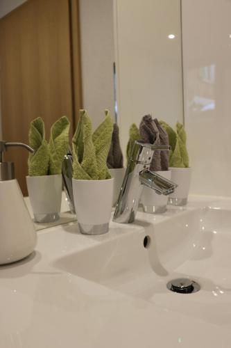 a bathroom sink with three cups with green plants at Ferienwohnung Därflihof in Bartholomäberg