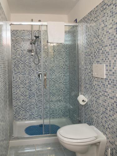 a bathroom with a shower with a toilet and a sink at B&B Oliva in Scala
