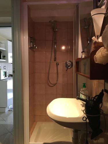 bagno con doccia e lavandino di Appartamento Degli Ulivi a Sanremo