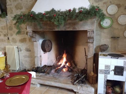 a fireplace with a fire in it with christmas decorations at Agriturismo Sorgente di Luna in Larino