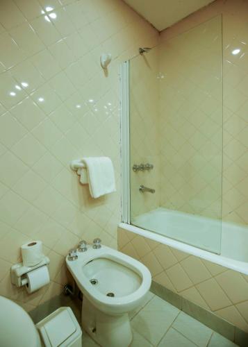a bathroom with a toilet and a shower and a sink at Hotel Palmar in Colón