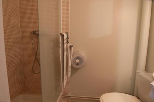 a bathroom with a shower with a toilet and a sink at Hotel De Londres in Lille