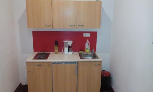 a small kitchen with a sink and wooden cabinets at Gasthof zum Nibelungenbauer in Pöchlarn