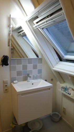 a bathroom with a sink and a skylight at Bed en Breakfast kamers en meer Het Spookhuis in Den Hoorn