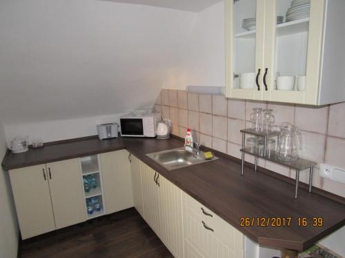 eine kleine Küche mit einer Spüle und einer Mikrowelle in der Unterkunft Apartment-Chalet-Chaloupka U Trnků in Lázně Kynžvart
