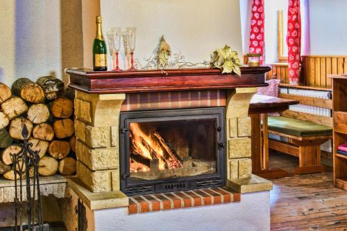 a fireplace in a room with logs and a bottle of wine at Chata Dáša High Tatras in Mlynčeky