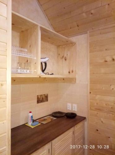 a kitchen with wooden cabinets and a counter top at Turul in Berehove