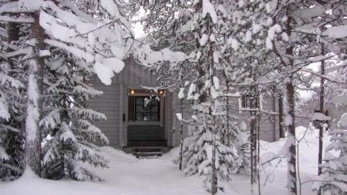 a house in the snow with snow covered trees at Tunturioravat in Äkäslompolo