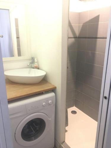 une salle de bain avec une machine à laver et un lavabo dans l'établissement Appt 2 à 4 pers - La Rochelle Vieux Port, à La Rochelle