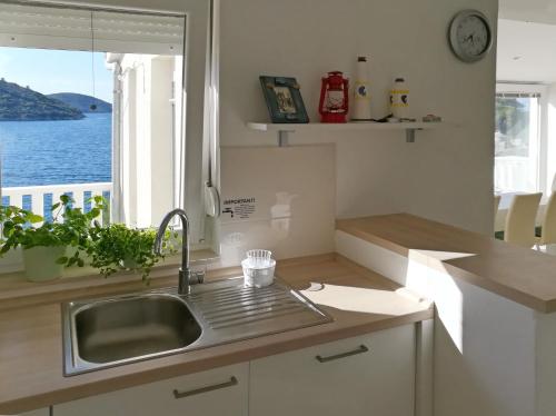 a kitchen with a sink and a view of the ocean at Apartment Ana Marija Savar in Savar