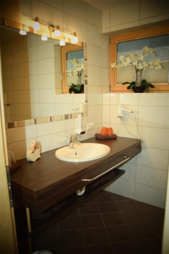 La salle de bains est pourvue d'un lavabo et d'un miroir. dans l'établissement Apart Dominika, à Ried im Oberinntal