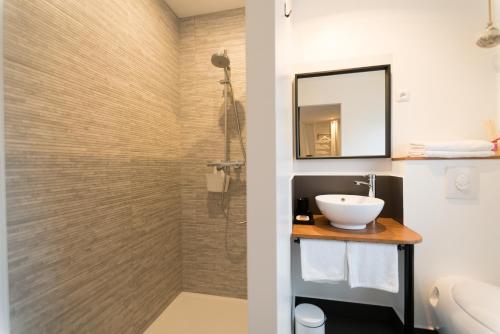 a bathroom with a sink and a mirror and a shower at Mont B&B in Pontorson