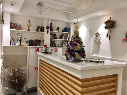 モスクワにあるMini hotel Nabat Palaceのカウンター上のクリスマスツリー付きキッチン