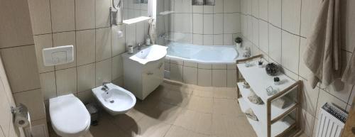 La salle de bains est pourvue de toilettes, d'un lavabo et d'une baignoire. dans l'établissement Apartament Toamnei, à Râșnov