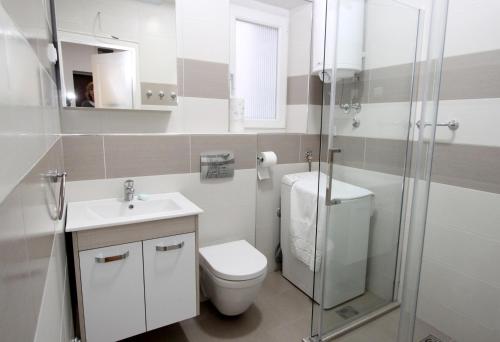 y baño con aseo, lavabo y ducha. en Apartment Bridge, en Belgrado