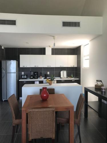 a kitchen with a table with a red vase on it at Vista Mare Spectacular Ocean View Top Floor 1-Bedroom Condo, Samana in Santa Bárbara de Samaná