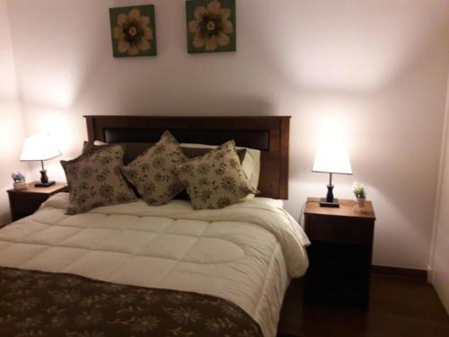 1 dormitorio con 1 cama grande y 2 lámparas en Paillahue Pucon en Pucón