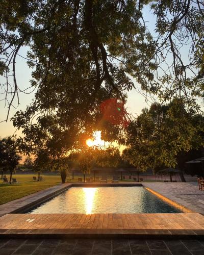 une piscine dans un parc avec le coucher du soleil en arrière-plan dans l'établissement Hotel Château Des Alpilles, à Saint-Rémy-de-Provence