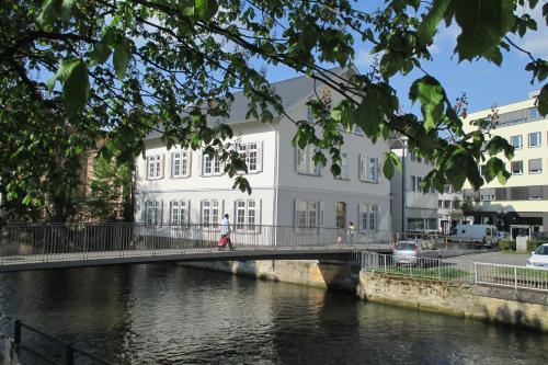 a person walking across a bridge over a river at Ecoinn in Esslingen