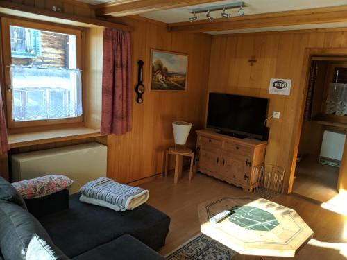 a living room with a couch and a flat screen tv at Casa Letizia in Breil/Brigels