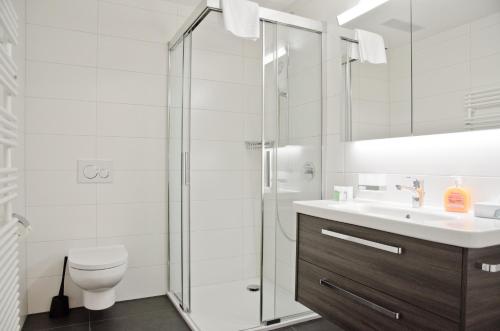 a bathroom with a shower and a toilet and a sink at Apartment Ankebälleli - GriwaRent AG in Interlaken