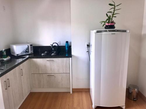 a kitchen with a white refrigerator and a microwave at Apartamento no Centro de Gramado in Gramado