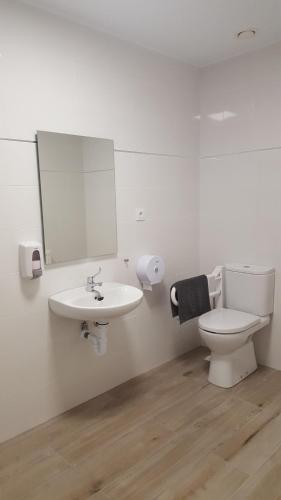 a white bathroom with a toilet and a sink at Albergue Logroño Centro in Logroño