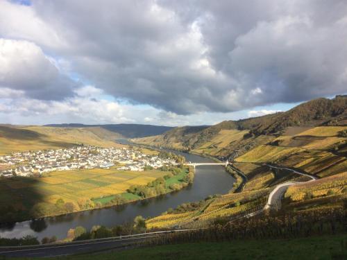 a river flowing through a valley with a town at Claes Weinquartier - Appartements & Wein by Niko Schmitt in Trittenheim