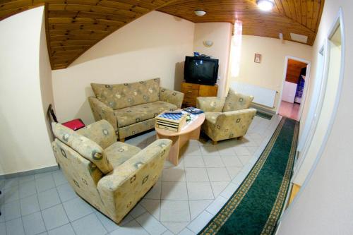 a living room with couches and a tv at Gilde étterem és panzió in Pilisvörösvár