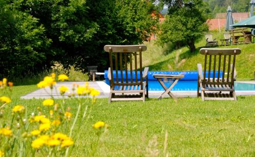 two chairs and a table in a yard with flowers at Weingut Tauss in Leutschach