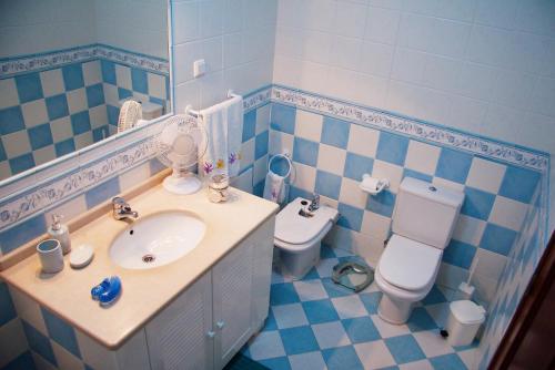 ein blau-weißes Badezimmer mit Waschbecken und Toilette in der Unterkunft Milfontes Villa in Vila Nova de Milfontes