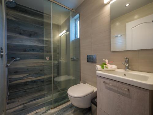 a bathroom with a shower and a toilet and a sink at Panorama Apartments in Chrani