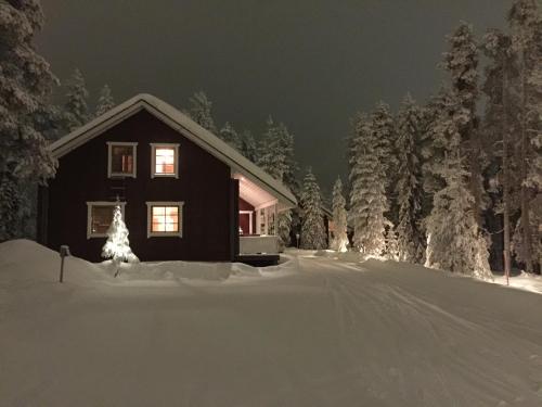 a cabin in the snow at night with lights at Villa Peippo in Rovaniemi