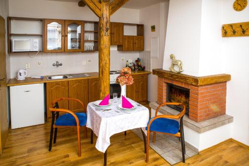 a kitchen with a table and chairs and a fireplace at Wellness hotel Chata Jana in Lopeník
