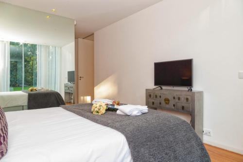 um quarto de hotel com duas camas e uma televisão de ecrã plano em BestVillas Park Ofir em Esposende