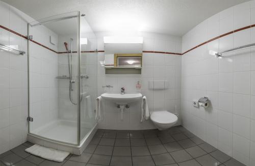 a bathroom with a shower and a sink and a toilet at Laagers Hotel Garni in Samedan