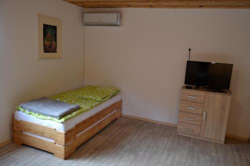 ein kleines Schlafzimmer mit einem Bett und einem TV in der Unterkunft Apartma & savna Slapnik in Luče