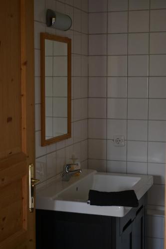 TrebesingにあるAltes Pfarrhaus Altersbergのバスルーム(白い洗面台、鏡付)