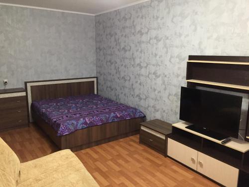 a small room with a bed and a tv at Apartment Erofey Arena at Sysoeva 8 in Khabarovsk