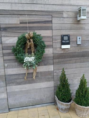 a christmas wreath on a wall with two plants at Mille Étoiles in Moorsel
