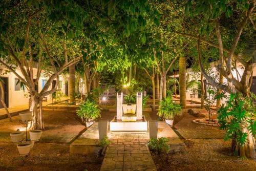 a park with a bench and trees at night at Hotel 41 Valladolid in Valladolid