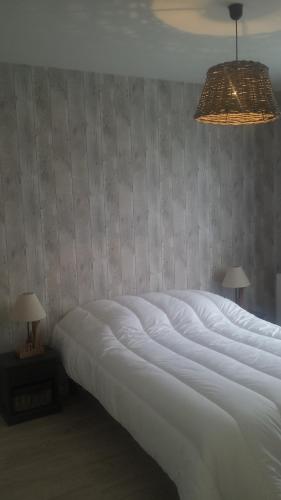 ein großes weißes Bett in einem Schlafzimmer mit zwei Lampen in der Unterkunft la ferme aux kangourous in Donzy