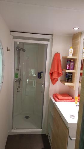une salle de bain avec une douche avec une porte vitrée dans l'établissement Camping Eden, à La Baule