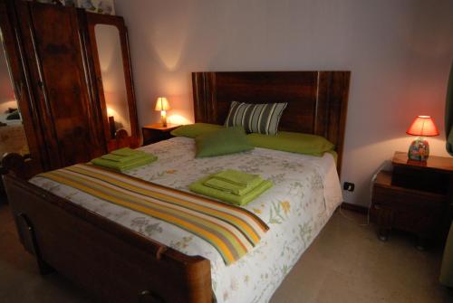 トリノにあるAppartamento Borgo Auroraのベッドルーム1室(緑の枕が付いたベッド1台付)